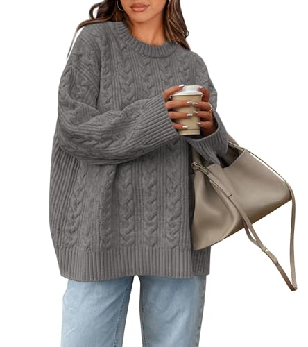 Okiwam Women's Oversized Sweaters Crewneck Cable Knit Pullover Casual Loose Fall Outfits Fashion Clothes 2025