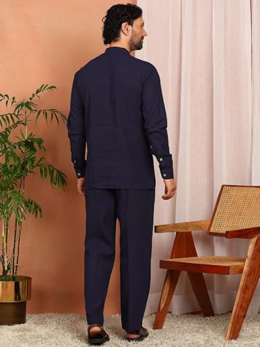 Image of See Designs Men's Full Sleeve Mandarin Collar Linen Solid Pathani Set