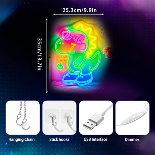 Image of Neon Sign, Dinosaur Neon Signs for Wall Decor - Dimmable LED Signs for Gaming Room, Bedroom, Living room, Party, Bar - USB Powered Light Up Sign Decorations Gift