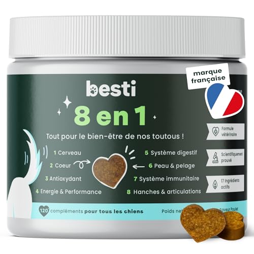 BESTI - 8 en 1 | 120 Compléments Alimentaires Premium Multi-Vit pour Chiens | Vitalité, Probiotiques, Articulations, Pelage, Coeur, Cerveau | Marque...