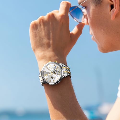 Image of OLEVS Men Automatic Watch Diamond Skeleton Mechanical Luxury Self Winding Moon Phase Calendar Waterproof Wrist Watch for Men