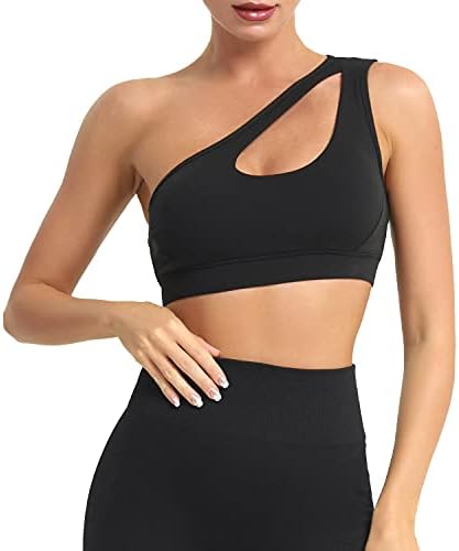 MATHACINO One Shoulder Sports Bra for Women Sexy Cute Workout Yoga Bra Medium Support Black