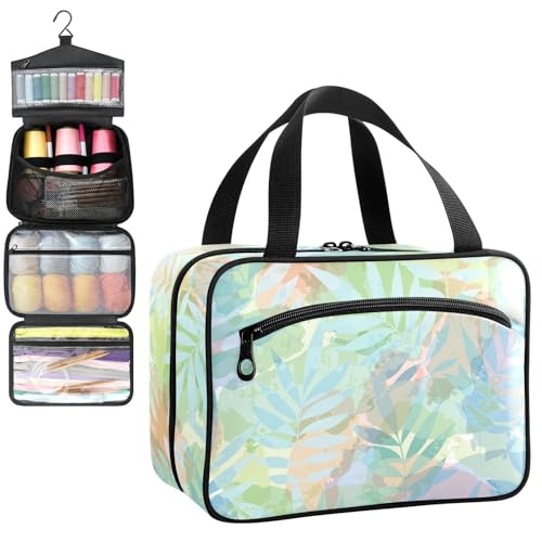 YNNALE Sewing Supply Organizer Bag, Watercolor Green Tropical LeafsPortable Sewing Bags with Pockets&Hanger, Sewing Storage Box Case for Sew Supplies/Kit/Tools/Accessories (BAG ONLY)