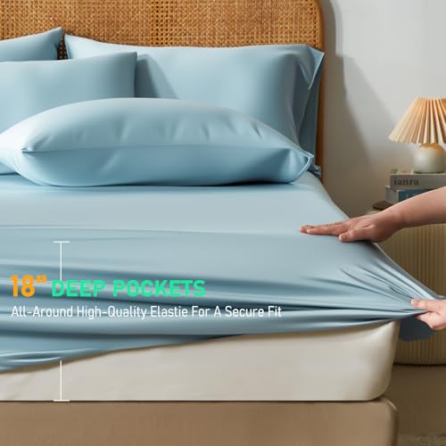 Image of 100% Viscose Derived from Bamboo Sheets Queen Size, Soft & Cooling Viscose from Bamboo Sheets Set, Organically Grown,Breathable & Soft Deep Pocket Up to 18 Inches(Light Blue)