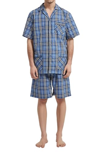 GLOBAL Men Short Pajama Set 100% Cotton, Summer Pajama for men Soft Classic Plaid Loungewear