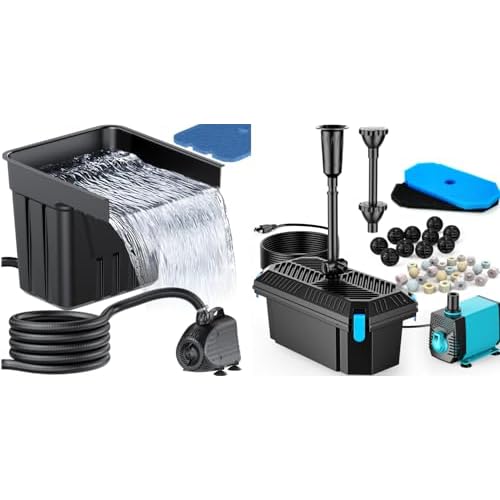 POPOSOAP Pond Waterfall Spillway Kit & RGB Pond Filter, Filter Media, Pond Spillway for Outdoor Pondless Waterfall and Streams, Pondless Water Feature