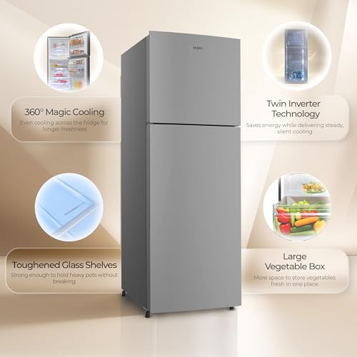 Haier 240L Frost Free Double Door 2 Star Refrigerator with Freezer at Top, Twin Inverter Technology, 200% Faster Ice Making in 49 Minutes (HEF-252EGSA-P, Moon Silver, 2026 Model) view 2