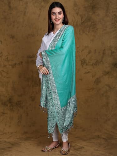 Women's Jamawar Stole from Ludhiana with Paisleys on Border and Plain Core | Beautiful Design Shawl, Scarves4