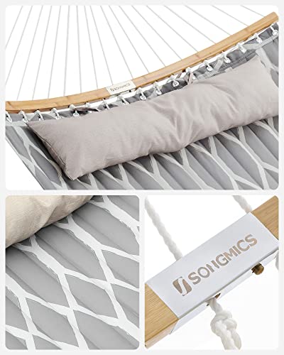 SONGMICS Hängematte, gepolstert, gesteppt, mit teilbaren gebogenen Bambusstangen, mit Kopfstütze, 200 x 140 cm, bis 225 kg belastbar, graue und beige Rauten GDC034G02 4
