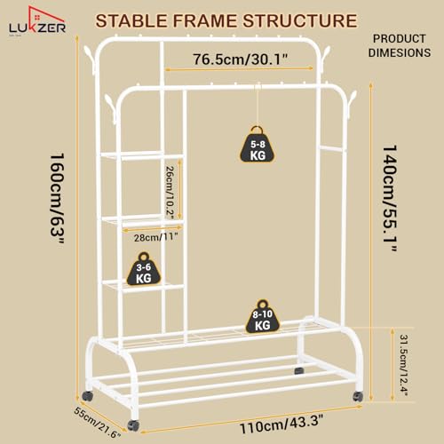 Image of Lukzer Metal Garment Stand with 6 Shelves & Double Rods, Heavy-Duty Clothing Rack with Side Hooks & Wheels, Multi-Functional Storage Organizer for Bedroom, Laundry & Entryway - (MGS-008 /White)