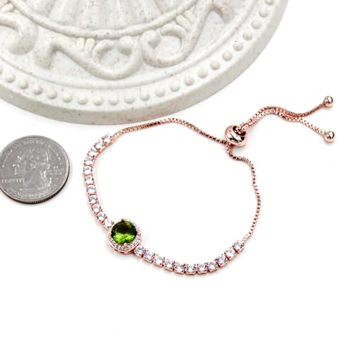 Image of Rose Plated Gold Brass Box Chain Cubic Zirconia Classic Tennis Slider Adjustable Bracelet, Round Big Zircon Charm Give Woman Mom Mother's Day Fashion Crystal Gift