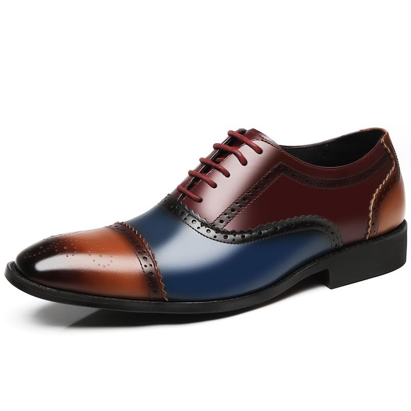 HOOENG Dress Oxford Shoes for Men Lace Up Square Toe Brogue Cap Toe PU Leather Oxford Shoes Slip Resistant Anti-Slip Low Top Prom(Color:Brown and Blue,Size:8.5)2
