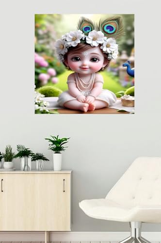 Image of Akki Wold Cute White Krishna With 2-Feather Wall Poster Living Room, Office, Pooja Room (Size - 46CM X 46CM)