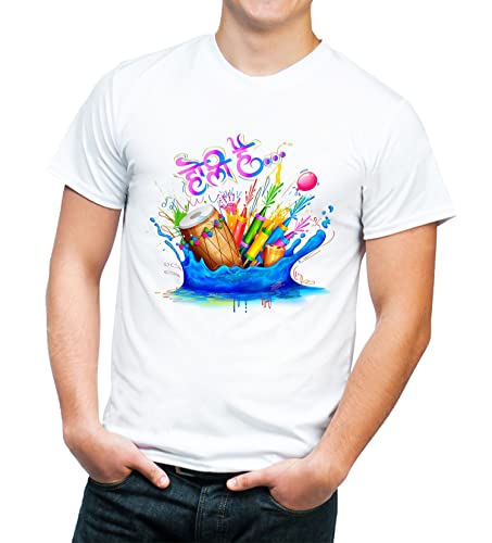 Image of Knitted Polycotton Fabric Regular Fit Men Boys Half Sleeve T-Shirt for Festival of Holi Style 9 White Size : Free