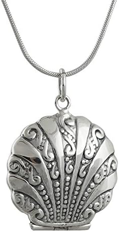 FashionJunkie4Life Sterling Silver Nautical Sea Shell Two Photo Locket Necklace, 18" Snake Chain
