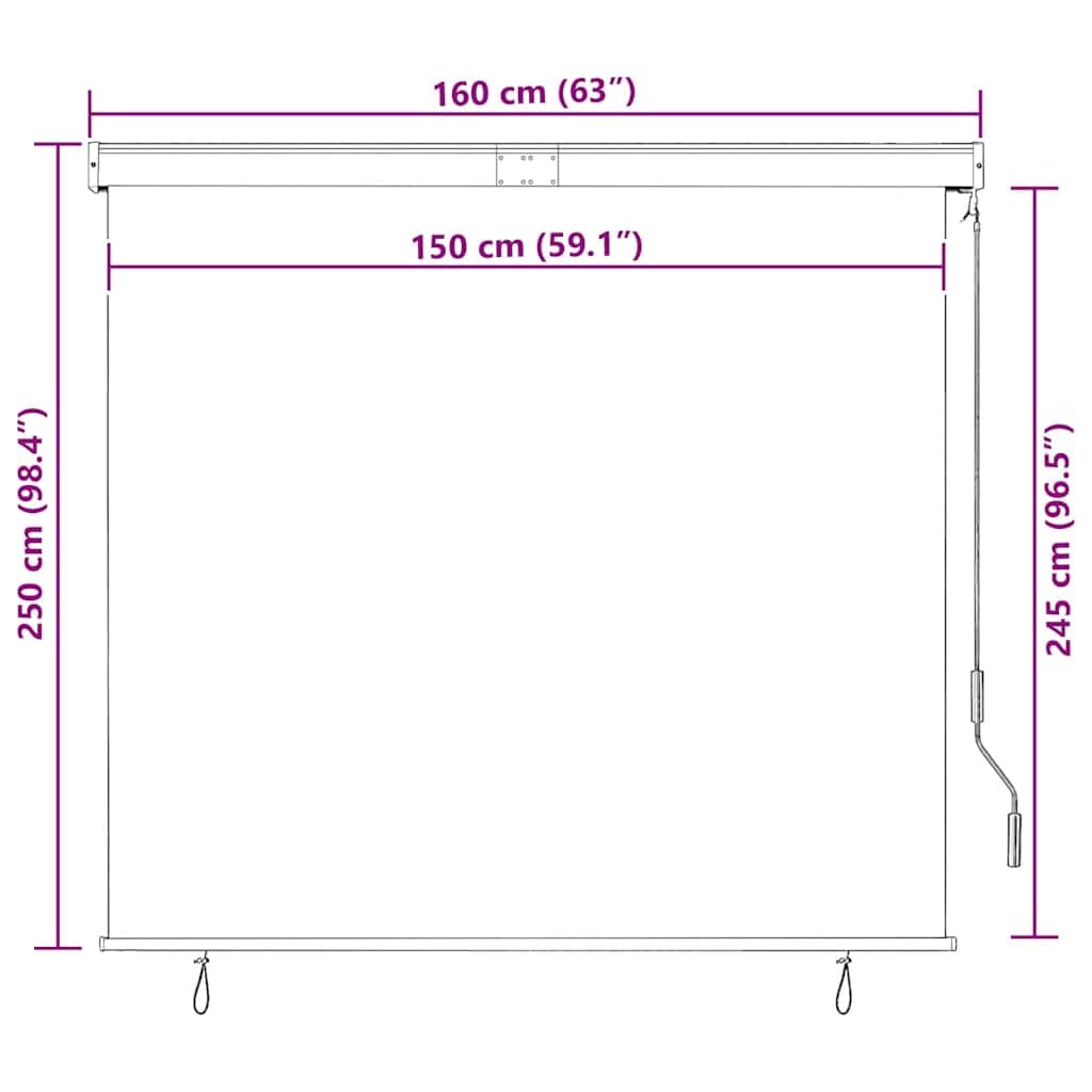 Roleta zewnętrzna 160 x 250 cm, antracytowa, oddychająca tkanina poliestrowa z powłoką PA, aluminiowy drążek przedni, mechanizm korbowy ręcznej, odporna na promieniowanie UV i wysokie