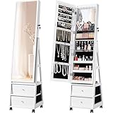 JUMMICO Mirror Jewelry Cabinet Standing, 360° Swivel Lockable Jewelry Armoire with Full Length Mirror, Jewelry Storage Organizer with 2 Big Drawers (White)