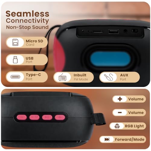 Image of PunnkFunnk Bass One Bluetooth Speaker, Deep Bass Sound with RGB LED Lights, Rechargeable Battery Powered, Portable Wireless Party Speaker, TF Card /USB /AUX Support for Mobile Phone (Red)