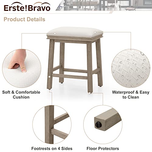 Erste!Bravo White Solid Wood Bar Stools Set Of 4 For Kitchen Counter Counter Height Barstools With Faux Leather Farmhouse Upholstered Stools For 34"-38" Counter Island, White Cushion & Wood Legs #TOP4