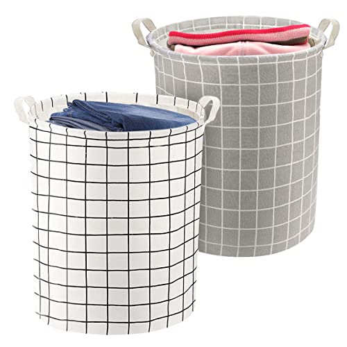 DINGC 2 pièces Panier à Linge en Toile Coton et Lin, Sac à Linge Pliable Étanche avec Poignée, Corbeilles à Linge pour Rangement Vêtements Jouets Bac a Linge 35x45 cm (Blanc + Gris) Cover