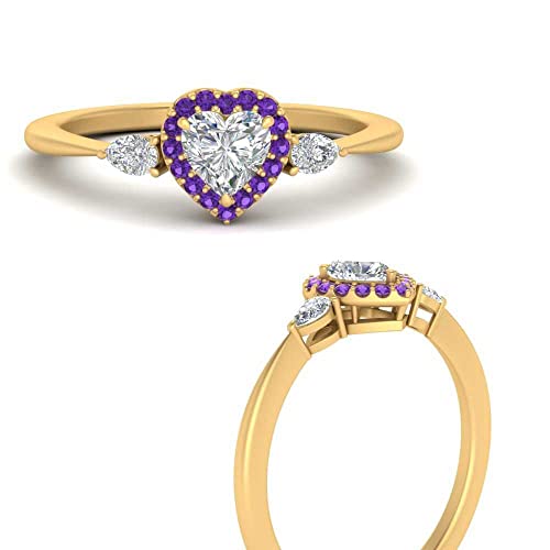 Image of 55Carat Choose Your Gemstone Halo Pear Accent Diamond CZ Ring Yellow Gold Plated Heart Shape Petite Engagement Rings Everyday Jewelry Wedding Jewelry Handmade Gifts for Wife US Size 4 to 12