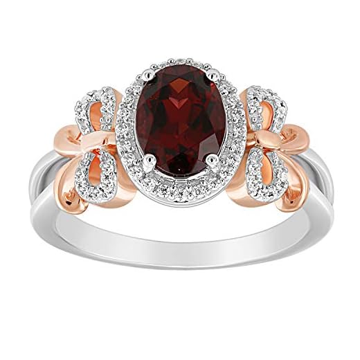 Enchanted Disney Fine Jewelry 14K Rose Gold Over Sterling Silver 8x6 MM Oval Shape Red Garnet and 1/6 Cttw Natural White Round Diamonds Snow White Bow Ring Size 7