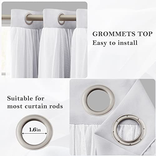 HOMEIDEAS Double Layer Curtains Greyish White Blackout Curtains 84 Inch Length 2 Panels Nursery Grommet Drapes with Sheer Overlay for Girls Kids Bedroom