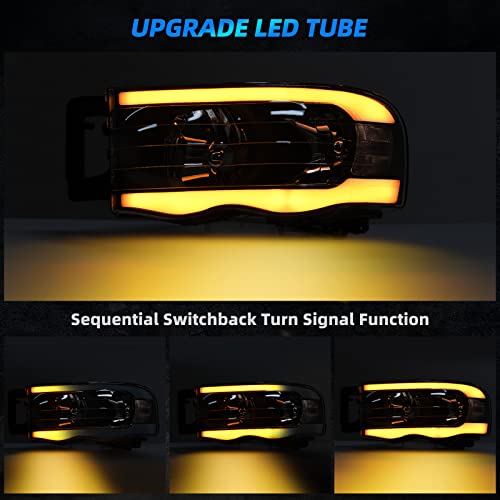 Autosaver88 Switchback Led Tube Headlights Assembly Compatible With 02 03 04 05 Dodge Ram 1500/2003-2005 Dodge Ram 2500 3500 Drl Headlight Headlamp Replacement Pair Black Housing Clear Reflector #TOP1
