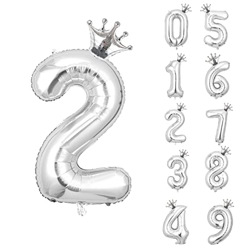 養楽堂 誕生日 バルーン 数字 パーティー 飾り風船 0-9 王冠 デコレーション装飾 32インチ 大きい バルーン 結婚式 記念日 子供 大人兼用 シルバー2