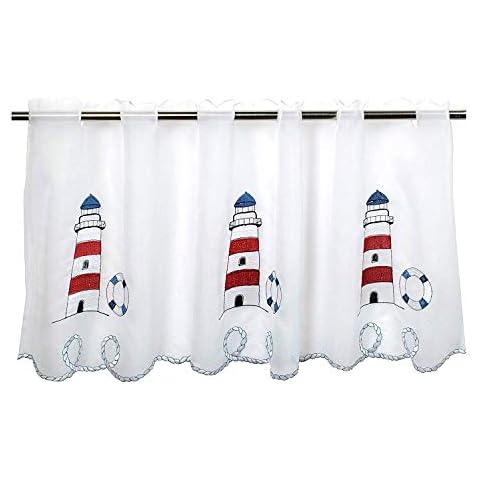 Net Curtain LIGHTHOUSE for Kitchen, Bathroom, Children Bedroom and Living Room / Half Curtain with Maritime Motif / 45x120 cm / Modern transparent Curtain Cover