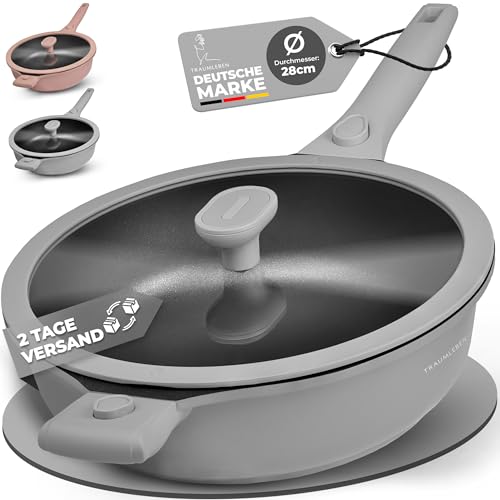 TRAUMLEBEN Bratpfanne 28 cm mit Deckel, abnehmbaren Griffen & Antihaftbeschichtung, PFOA-frei, für Induktion geeignet | ofenfest | hoher Rand | Pfanne beschichtet Brat- & Universalpfannen (grau)