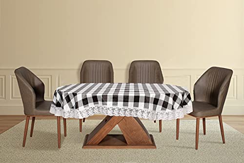 Image of The Furnishing Tree Waterproof PVC Oval Shaped 8 Seater Table Cover WxL 60x90 inches Gingham Pattern Black & White with White Border lace