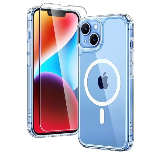 TAURI für iPhone 14 Hülle 6 1 mit Panzer Schutz Glas Folie Kompatibel mit MagSafe Schutz nach Militärstandard [Anti-Vergilbung] Stoßfest Magnetisch Handyhülle - Durchsichtig
