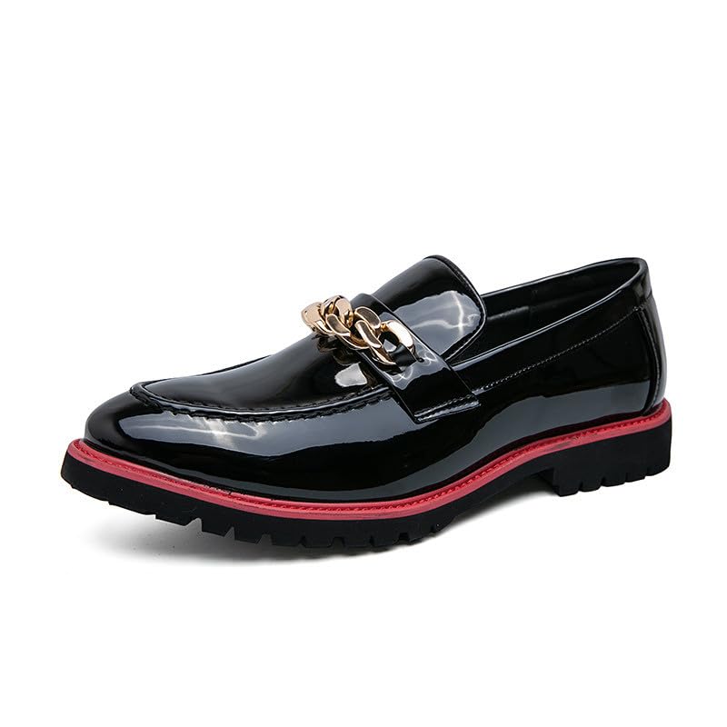 Santimon Men's Patent Leather Chain Penny Loafers Slip-On Moc Toe Chunky Dress Shoes for Weddings, Parties & Formal Events