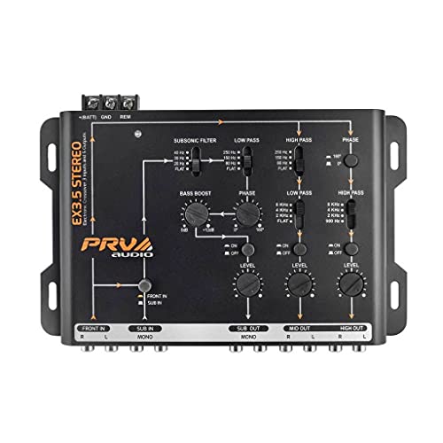 PRV AUDIO Crossover Car Audio EX3.5 STEREO 3 Way or 2 Way Electronic Crossover 9 Volts, 4 in 6 Out RCA Channels Car Sound Processor