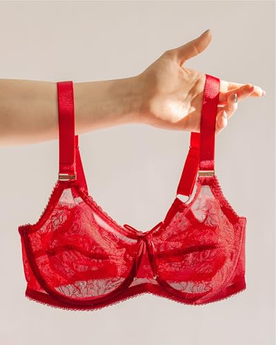Image of Smart & Sexy Women's Full Coverage Unlined Underwire Bra, Lace & Mesh See Through Bra, Plus Size Lingerie Inspired Retro Bra