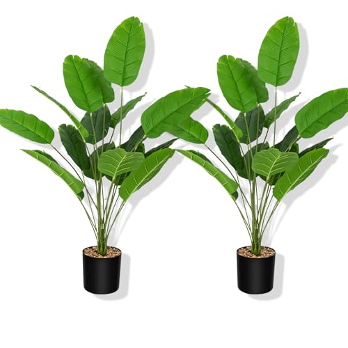 Artificial Plants Fake Banana Tree with Green Leaves 32' Bird of Paradise Plantas Artificiales Decorativas Faux Tropical Plants Greenery Family Garden Office Indoor Outside Decor 2Pcs (Green)