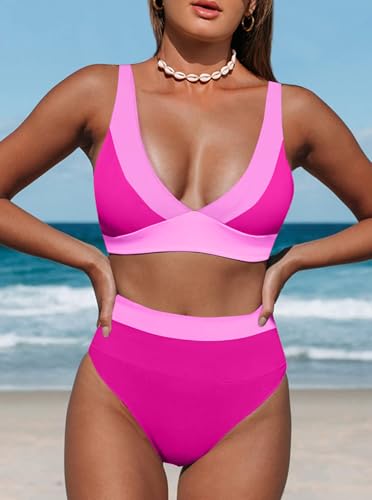 Image of Hilinker Women's Leopard Bikini Swimsuits V Neck High Waisted 2 Piece Bathing Suits
