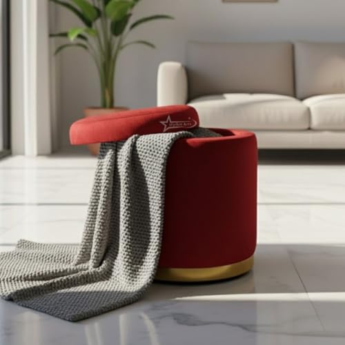 Image of Velvet Round Single Strip Ottoman Office Stool Foot Rest Stool Velvet Fabric Padded Seat Pouf Ottoman 16 X 16X 19 inch,in Round Shape for Living Room RED