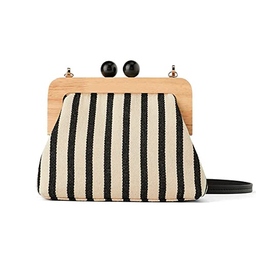 Yohora Bolsa tiracolo feminina Kiss Lock Bolsa de ombro leve retrô de lona, Preto, Small