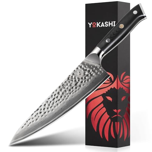 YOKASHI Japanese Damascus Chef Knife – 8-Inch Professional VG-10 High-Carbon Steel Kitchen Knife – Razor-Sharp Japanese Knife for Chefs and Home Cooks, Ideal for Chopping, Slicing, and Dicing