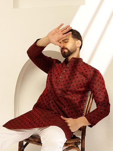 Image of SOJANYA (Since 1958 Men's Jacquard Silk Contrast Red Thread Woven Design Kurta With Pyjama