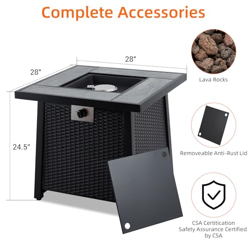 28 Inch Propane Fire Pit, CSA-Listed Outdoor Gas Fire Pit, 50,000 BTU Steel Fire Table with Lid and Lava Rock, Gas Fire Pits for Patio, Stainless Steel Burner Head for Warmth Ambiance Black