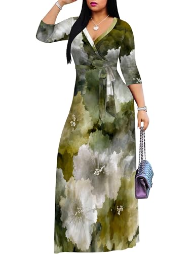 Image of Plus Size Dresses for Women Floral Print Maxi Dress Flowy 3 /4 Sleeve with Belt