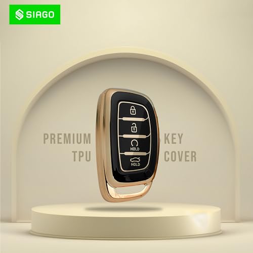 Image of SIAGO SIA360 TPU Key Cover and Metal Keychain Compatible for Hyundai Alcazar and Creta 2021 2022 & 2023 Car 4 Button Smart Key (Black Pack of 1)
