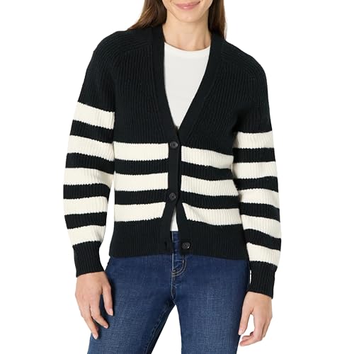 Amazon Essentials Womens Soft Touch Ribbed V Neck Blouson Cardigan Sweater Black Ivory Stripe X-Large