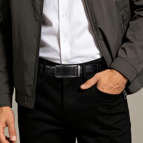 Image of Drowsmen Leather ratchet belt 1 3 /8 inch with Click Sliding Automatic Buckle, Adjustable belt Trim to Fit
