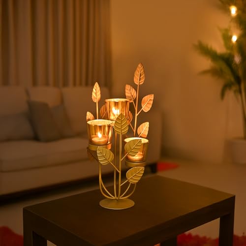Image of MARKET 99 Metal & Glass 3-Votive Leaf-Shaped T-Light Holder | Romantic Golden Candle Stand for Valentine's Day Decor & Gifts | Decorative Centerpiece for Home, Table, Diwali, Wedding & Festive Use