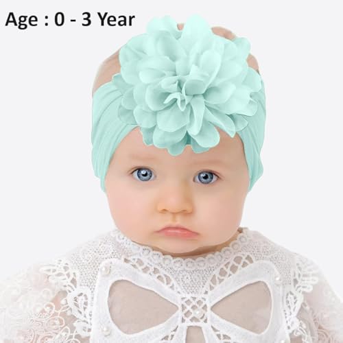 Image of SYGA PACK OF 3 Headbands Nylon Flower Soft Stretchable Hairband for Newborn Infant Toddler Kids For 0-3 Year (MediumPink-Beige Yellow-Turquoise)