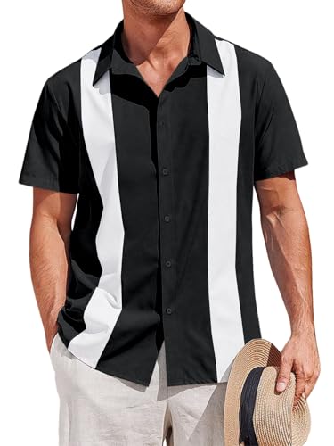 Runcati Mens Vintage Bowling Shirt Short Sleeve Button Down Shirts Casual Summer Beach Tops Black